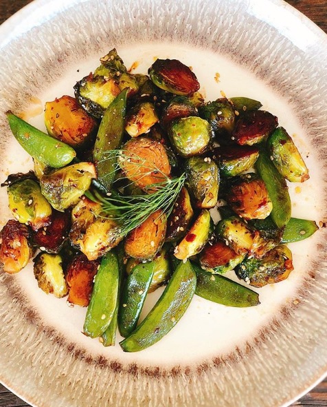 Asian Fried Sweet And Spicy Brussels Sprout With Snap Peas